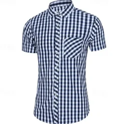 Online OUKU Men's Shirt Dress Shirt Button Up Shirt Plaid Party Work Yellow Red Blue Short Sleeve Lapel Summer Clothing Apparel Front Pocket