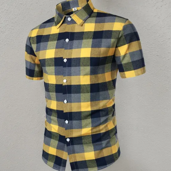 Online OUKU Men's Shirt Dress Shirt Button Up Shirt Plaid Wedding Party Short Sleeve Lapel Summer Clothing Apparel Yellow