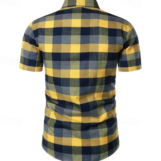 Online OUKU Men's Shirt Dress Shirt Button Up Shirt Plaid Wedding Party Short Sleeve Lapel Summer Clothing Apparel Yellow