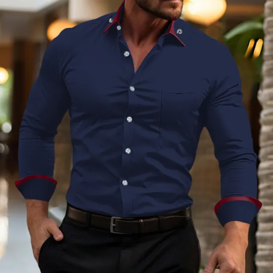 Hot OUKU Men's Shirt Dress Shirt Button Down Shirt Non Iron Shirt Color Block Office & Career Wedding Party Black White Pink Wine Long Sleeve Lapel Spring & Fall Clothing Apparel Pocket