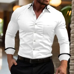 Hot OUKU Men's Shirt Dress Shirt Button Down Shirt Non Iron Shirt Color Block Office & Career Wedding Party Black White Pink Wine Long Sleeve Lapel Spring & Fall Clothing Apparel Pocket