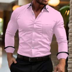 Hot OUKU Men's Shirt Dress Shirt Button Down Shirt Non Iron Shirt Color Block Office & Career Wedding Party Black White Pink Wine Long Sleeve Lapel Spring & Fall Clothing Apparel Pocket