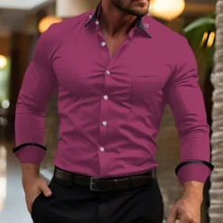 Hot OUKU Men's Shirt Dress Shirt Button Down Shirt Non Iron Shirt Color Block Office & Career Wedding Party Black White Pink Wine Long Sleeve Lapel Spring & Fall Clothing Apparel Pocket