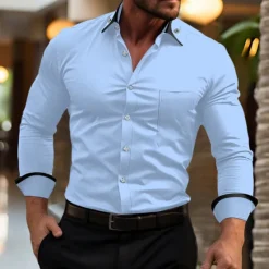 Hot OUKU Men's Shirt Dress Shirt Button Down Shirt Non Iron Shirt Color Block Office & Career Wedding Party Black White Pink Wine Long Sleeve Lapel Spring & Fall Clothing Apparel Pocket