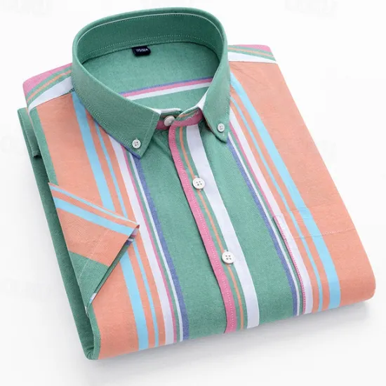 New OUKU Men's Shirt Dress Shirt Button Up Shirt Stripes Wedding Party Blue Green Light Sky Blue Short Sleeve Lapel Summer Spring Clothing Apparel Pocket