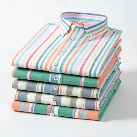 New OUKU Men's Shirt Dress Shirt Button Up Shirt Stripes Wedding Party Blue Green Light Sky Blue Short Sleeve Lapel Summer Spring Clothing Apparel Pocket