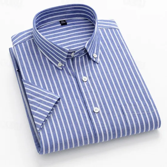 New OUKU Men's Shirt Dress Shirt Button Up Shirt Stripes Wedding Party Blue Green Light Sky Blue Short Sleeve Lapel Summer Spring Clothing Apparel Pocket