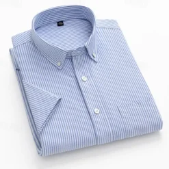 New OUKU Men's Shirt Dress Shirt Button Up Shirt Stripes Wedding Party Blue Green Light Sky Blue Short Sleeve Lapel Summer Spring Clothing Apparel Pocket
