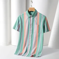 New OUKU Men's Shirt Dress Shirt Button Up Shirt Stripes Wedding Party Blue Green Light Sky Blue Short Sleeve Lapel Summer Spring Clothing Apparel Pocket