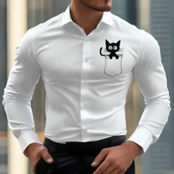 OUKU Men's Shirt Dress Shirt Cat Street Wear to work Long Sleeve Turndown Spring & Summer Clothing Apparel Print White