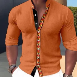 Sale OUKU Men's Shirt Dress Shirt Geometry Outdoor Casual Navy Blue Blue Orange Green Long Sleeve Stand Collar Summer Spring Clothing Apparel Print