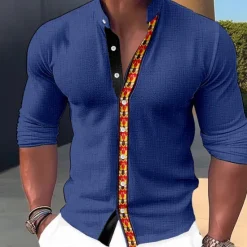 Sale OUKU Men's Shirt Dress Shirt Geometry Outdoor Casual Navy Blue Blue Orange Green Long Sleeve Stand Collar Summer Spring Clothing Apparel Print