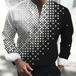 Best OUKU Men's Shirt Dress Shirt Geometric Pattern Outdoor Casual White Pink Blue Green Long Sleeve V Neck Summer Fall Clothing Apparel Print