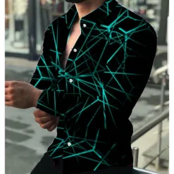 Best OUKU Men's Shirt Dress Shirt Geometric Pattern Outdoor Casual Red Blue Purple Green Long Sleeve Turndown Summer Spring Clothing Apparel Print