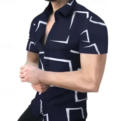 OUKU Men's Shirt Dress Shirt Geometric Pattern Outdoor Casual Black White Yellow Red Short Sleeve Cuban Collar Summer Spring Clothing Apparel Print