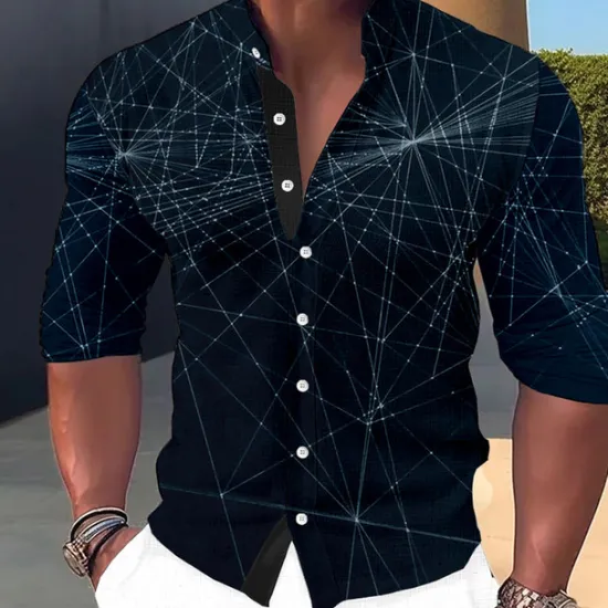 Sale OUKU Men's Shirt Dress Shirt Geometric Pattern Outdoor Casual Blue-Green Blue Brown Green Long Sleeve Stand Collar Summer Spring Clothing Apparel Print