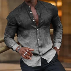 Best OUKU Men's Shirt Dress Shirt Gradient Outdoor Casual Blue Fuchsia Green Khaki Long Sleeve Stand Collar Summer Spring Clothing Apparel Print