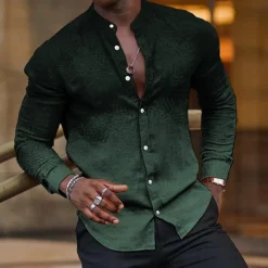 Best OUKU Men's Shirt Dress Shirt Gradient Outdoor Casual Blue Fuchsia Green Khaki Long Sleeve Stand Collar Summer Spring Clothing Apparel Print