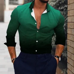 Outlet OUKU Men's Shirt Dress Shirt Gradient Outdoor Casual Blue Purple Brown Green Long Sleeve Turndown Summer Spring Clothing Apparel Print