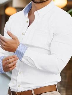 OUKU Men's Shirt Dress Shirt Oxford Shirt Color Block Office & Career Wedding Party White Yellow Navy Blue Blue Long Sleeve Lapel Spring & Fall Clothing Apparel Splice