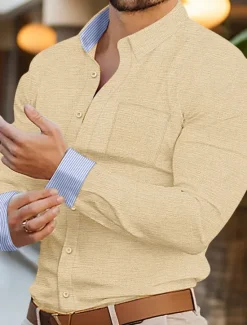 OUKU Men's Shirt Dress Shirt Oxford Shirt Color Block Office & Career Wedding Party White Yellow Navy Blue Blue Long Sleeve Lapel Spring & Fall Clothing Apparel Splice