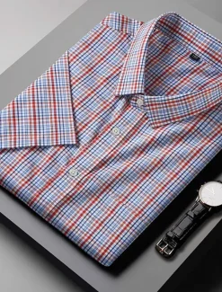 Online OUKU Men's Shirt Dress Shirt Plaid Office & Career Wedding Party Light Pink Light Blue Pink Dark Pink Short Sleeve Lapel Summer Clothing Apparel