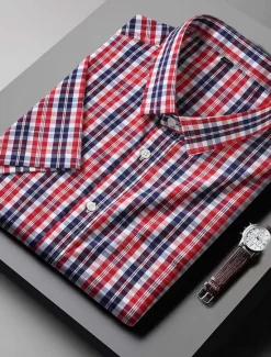 Online OUKU Men's Shirt Dress Shirt Plaid Office & Career Wedding Party Light Pink Light Blue Pink Dark Pink Short Sleeve Lapel Summer Clothing Apparel