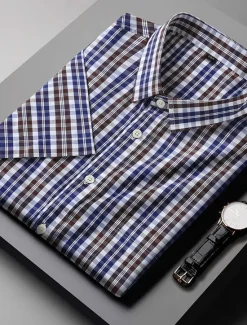 Online OUKU Men's Shirt Dress Shirt Plaid Office & Career Wedding Party Light Pink Light Blue Pink Dark Pink Short Sleeve Lapel Summer Clothing Apparel