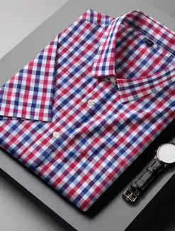 Online OUKU Men's Shirt Dress Shirt Plaid Office & Career Wedding Party Light Pink Light Blue Pink Dark Pink Short Sleeve Lapel Summer Clothing Apparel