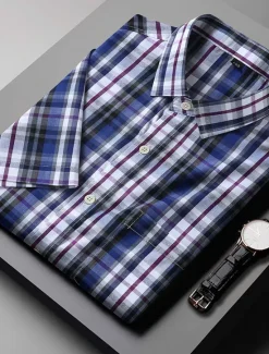 Online OUKU Men's Shirt Dress Shirt Plaid Office & Career Wedding Party Light Pink Light Blue Pink Dark Pink Short Sleeve Lapel Summer Clothing Apparel
