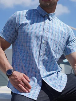 Online OUKU Men's Shirt Dress Shirt Plaid Office & Career Wedding Party Light Pink Light Blue Pink Dark Pink Short Sleeve Lapel Summer Clothing Apparel