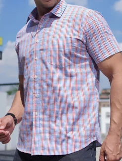Online OUKU Men's Shirt Dress Shirt Plaid Office & Career Wedding Party Light Pink Light Blue Pink Dark Pink Short Sleeve Lapel Summer Clothing Apparel