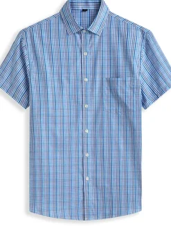 Online OUKU Men's Shirt Dress Shirt Plaid Office & Career Wedding Party Light Pink Light Blue Pink Dark Pink Short Sleeve Lapel Summer Clothing Apparel
