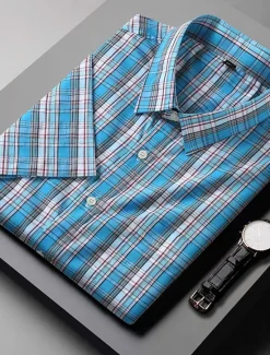 Online OUKU Men's Shirt Dress Shirt Plaid Office & Career Wedding Party Light Pink Light Blue Pink Dark Pink Short Sleeve Lapel Summer Clothing Apparel
