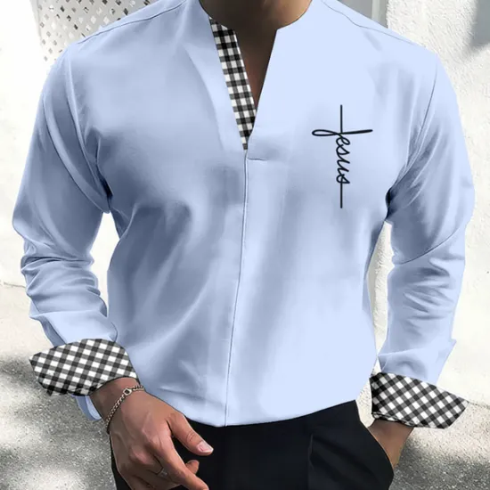 Outlet OUKU Men's Shirt Dress Shirt Plaid / Check Outdoor Casual Blue Green Khaki Gray Long Sleeve V Neck Summer Fall Clothing Apparel Print