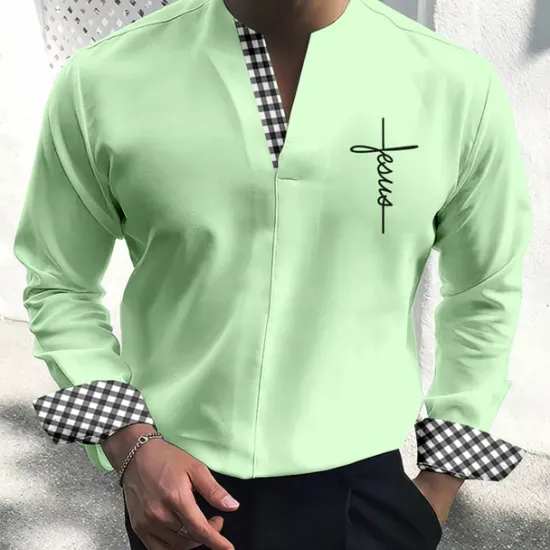 Outlet OUKU Men's Shirt Dress Shirt Plaid / Check Outdoor Casual Blue Green Khaki Gray Long Sleeve V Neck Summer Fall Clothing Apparel Print