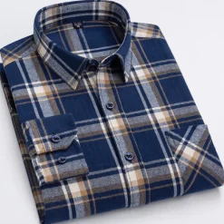 Online OUKU Men's Shirt Dress Shirt Plaid Office & Career Wedding Party Light Blue Black Navy Blue Blue Long Sleeve Lapel Spring & Fall Clothing Apparel Front Pocket