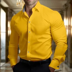 Discount OUKU Men's Shirt Dress Shirt Plain Office & Career Wedding Party Black White Yellow Sky Blue Long Sleeve Lapel Spring & Fall Clothing Apparel