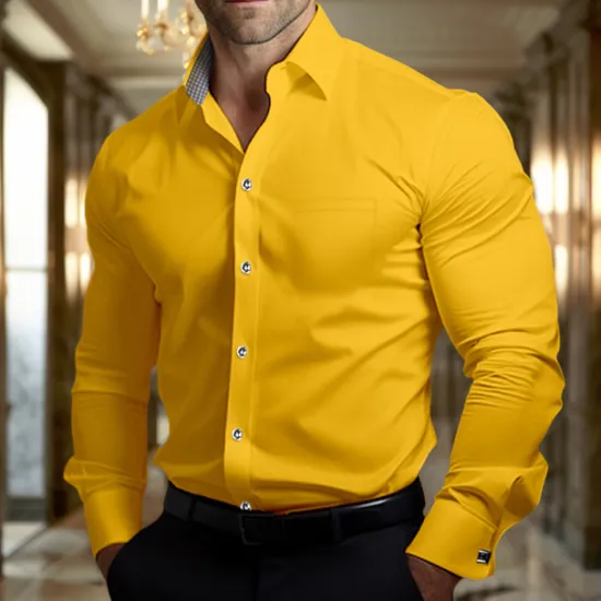 Discount OUKU Men's Shirt Dress Shirt Plain Office & Career Wedding Party Black White Yellow Sky Blue Long Sleeve Lapel Spring & Fall Clothing Apparel