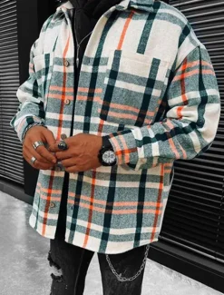 Sale OUKU Men's Shirt Flannel Shirt Shirt Jacket Overshirt Plaid / Check Outdoor Street Long Sleeve Collar Fall Winter Clothing Apparel Print Beige