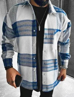 Outlet OUKU Men's Shirt Flannel Shirt Plaid Shirt Button Up Shirt Overshirt Shacket Plaid / Check Outdoor Daily Wear Long Sleeve Lapel Spring & Fall Clothing Apparel Front Pocket Blue