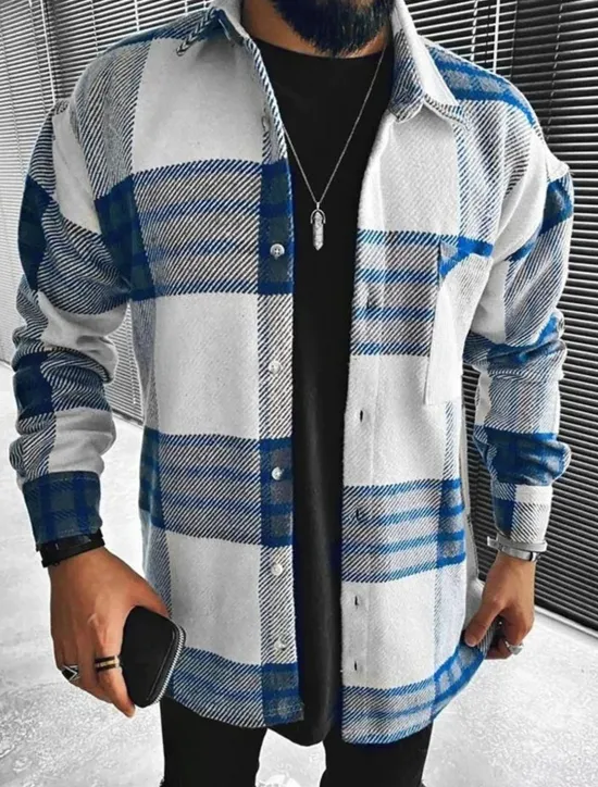 Outlet OUKU Men's Shirt Flannel Shirt Plaid Shirt Button Up Shirt Overshirt Shacket Plaid / Check Outdoor Daily Wear Long Sleeve Lapel Spring & Fall Clothing Apparel Front Pocket Blue