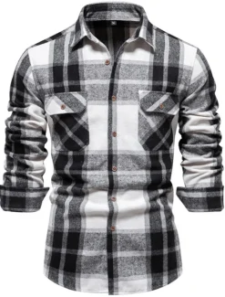 Sale OUKU Men's Shirt Flannel Shirt Plaid Shirt Shirt Jacket Overshirt Shacket Plaid / Check Outdoor Daily Wear Light Blue White Navy Blue Green Long Sleeve Lapel Fall & Winter Clothing Apparel Pocket
