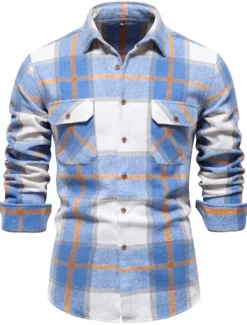 Sale OUKU Men's Shirt Flannel Shirt Plaid Shirt Shirt Jacket Overshirt Shacket Plaid / Check Outdoor Daily Wear Light Blue White Navy Blue Green Long Sleeve Lapel Fall & Winter Clothing Apparel Pocket