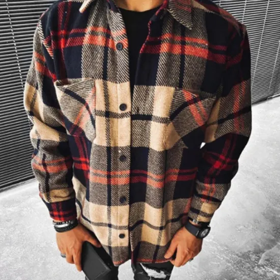 Clearance OUKU Men's Shirt Flannel Shirt Plaid Shirt Button Up Shirt Overshirt Shacket Plaid / Check Outdoor Daily Wear Black Yellow Red Khaki Long Sleeve Lapel Fall & Winter Clothing Apparel