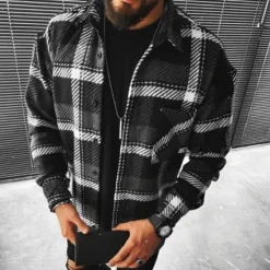 Clearance OUKU Men's Shirt Flannel Shirt Plaid Shirt Button Up Shirt Overshirt Shacket Plaid / Check Outdoor Daily Wear Black Yellow Red Khaki Long Sleeve Lapel Fall & Winter Clothing Apparel