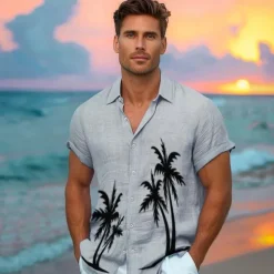 Outlet OUKU Men's Shirt Graphic Hawaiian Fashion Casual Linen Shirt Button Up Shirt Short Sleeve Daily Hawaiian Vacation Spring & Fall Lapel Print Blue Green Gray 55%Flax 45%cotton