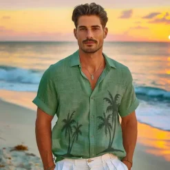 Outlet OUKU Men's Shirt Graphic Hawaiian Fashion Casual Linen Shirt Button Up Shirt Short Sleeve Daily Hawaiian Vacation Spring & Fall Lapel Print Blue Green Gray 55%Flax 45%cotton