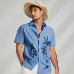 Outlet OUKU Men's Shirt Graphic Hawaiian Fashion Casual Linen Shirt Button Up Shirt Short Sleeve Daily Hawaiian Vacation Spring & Fall Lapel Print Blue Green Gray 55%Flax 45%cotton
