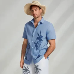 Outlet OUKU Men's Shirt Graphic Hawaiian Fashion Casual Linen Shirt Button Up Shirt Short Sleeve Daily Hawaiian Vacation Spring & Fall Lapel Print Blue Green Gray 55%Flax 45%cotton